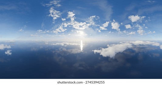 Sunlit cloudscape and fluffy clouds reflecting on a calm ocean horizon under a clear blue sky, 3d Rendering.