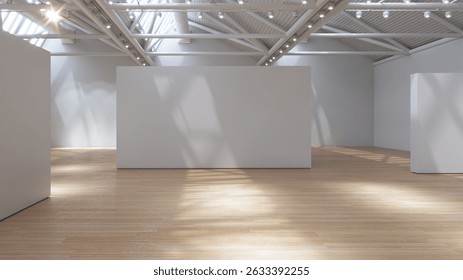 Sunlit empty gallery space, shadows play on wooden floor, white walls. 3D rendering.