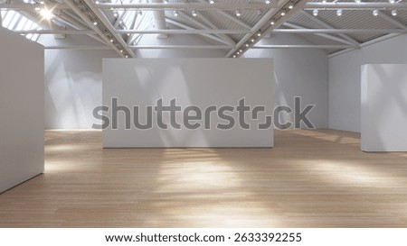 Sunlit empty gallery space, shadows play on wooden floor, white walls. 3D rendering.