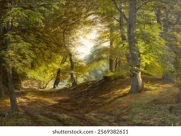 Sunlit forest path with lush trees, creating a serene forest atmosphere. The forest path invites exploration, surrounded by vibrant forest greenery. Vintage drawing illustration, painting art print.