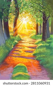 Sunlit forest path through green trees with warm sunbeams, peaceful nature landscape illustration