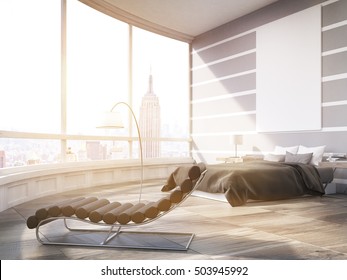 Sunlit Master Bedroom With Bed, Massage Chair And Large Poster On Gray Wall. Panoramic Window With New York View. 3d Rendering. Mock Up