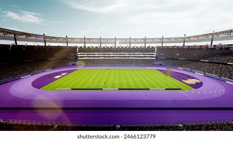 Sunlit open air stadium during sports event. Spectator areas and competition track and arena. 3D render. Concept of professional sport, event, tournament, game, championship - Powered by Shutterstock