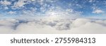 Sunlit panoramic view above fluffy clouds and blue sky, evoking calm, freedom and light; 3d Rendering