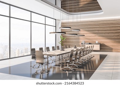 Sunlit Stylish Spacious Conference Room With Modern Round Lamps Above Huge Wooden Table Surrounded By Beige Chairs, Wooden Wall, City View From Panoramic Window And Glossy Floor.3D Rendering