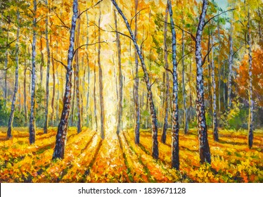 Sunny autumn landscape painting: Park alley surrounded with yellow and green birch trees and fallen leaves. Warm sunny autumn day illustration.