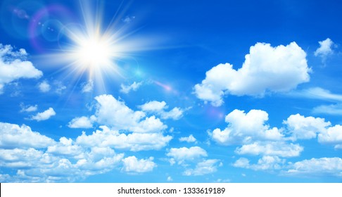 Sunny Background, Blue Sky With White Clouds And Sun, 3D Illustration.