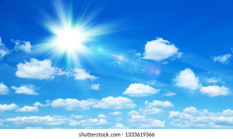 Sunny Background, Blue Sky With White Clouds And Sun, 3D Illustration.