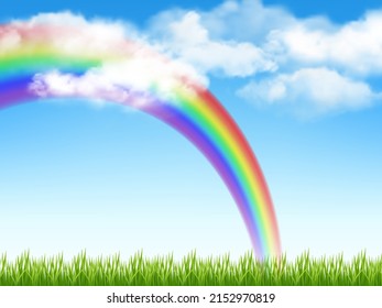 Sunny Background. Green Grass Blue Sky With Clouds And Rainbow Decent Realistic Garden Landscape