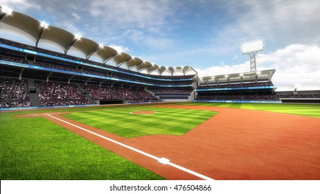 sunny baseball stadium with fans at daylight, sport theme 3D illustration