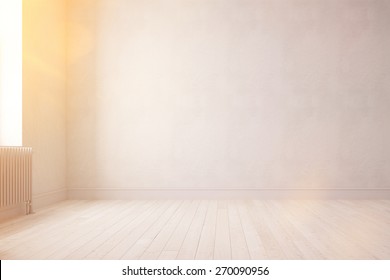 Sunny empty room with parquet and walls in summer (3D Rendering)