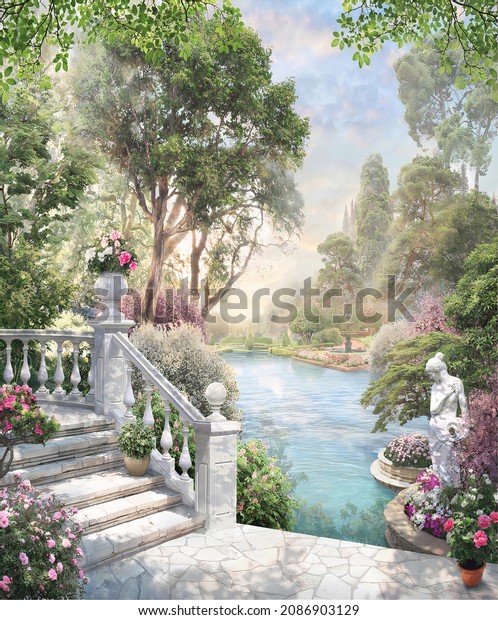 Sunny garden with fountain, balustrade, flowers and\
statue of woman 