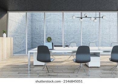 Sunny Meeting Room Background With White Table, Modern Lamp On Top, White And Black Chairs And Wooden Floor In Stylish Office. 3D Rendering