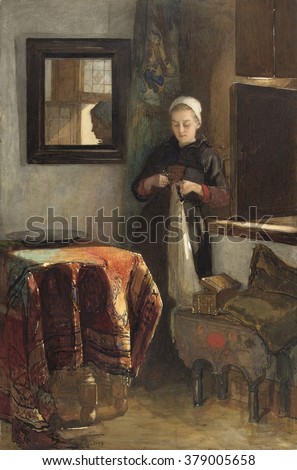 The Sunny Nook, by Christoffel Bisschop, c. 1855-1899. Dutch watercolor painting. Young women stands in a corner of a sunlight room working with scissors and fabric.