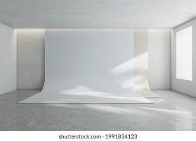 Sunny Photo Studio Light Shades Interior Design And White Blank Vinyl Backdrop. 3D Rendering, Mock Up