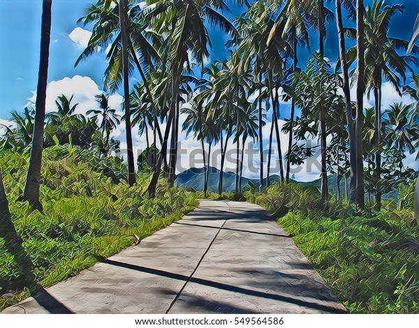 Sunny road in coco palm trees optimistic digital\
illustration. Exotic nature landscape with distant mountain.\
Philippines island sunny day. Travel in tropical forest by bike or\
car. Coco palm\
jungle