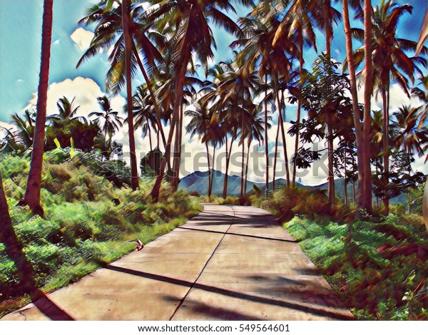 Sunny road in coco palm trees sketched digital\
illustration. Exotic nature landscape with distant mountain.\
Philippines island sunny day. Travel in tropical forest by bike or\
car. Road in palm\
jungle