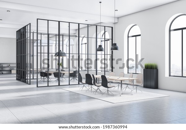 Sunny stylish open space office with monochrome\
style interior, big arched windows, light carpet on glossy floor\
and meeting room surrounded by glass transparent walls divided on\
squares. 3D\
rendering