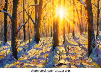 Sunny Warm Winter Forest Park Gold Trees Landscape Painting, Impressionism Illustration Nature Artwork Art