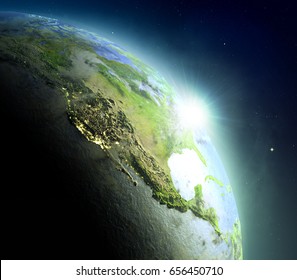 Sunrise above North America. Concept of new beginning, hope, light. 3D illustration with detailed planet surface, atmosphere and city lights. Elements of this image furnished by NASA.