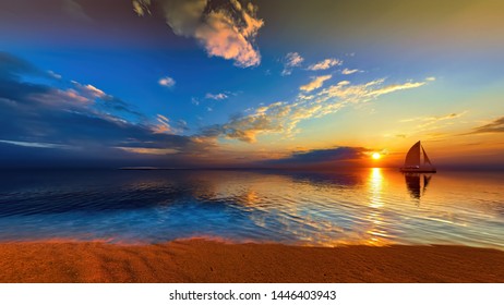 Sunrise In Caribbean With Catamaran In Front Of View 3d Rendering