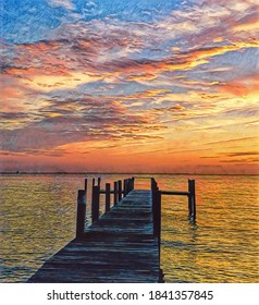 Sunrise And Chesapeake Bay Fishing Pier, Illustration