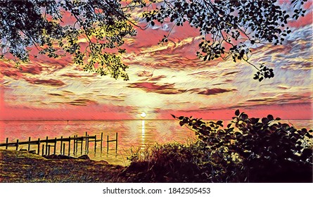 Sunrise, Chesapeake Bay, Fishing Pier And Foliage