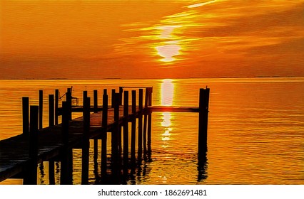 Sunrise, Chesapeake Bay, Fishing Pier, Illustration