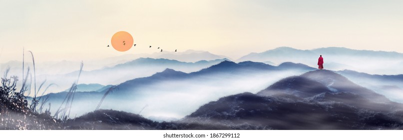 At sunrise, in the distant mountains, a line of geese flies in the sky, and a monk moves towards the distance. Chinese painting style of Zen landscape painting. - Powered by Shutterstock