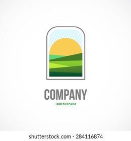 Sunrise Logo With Green Plain. For Agro Company Or Travel Company Branding.