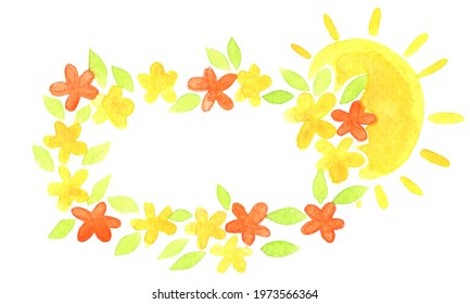 Sunrise Morning With Flower Rectangle Wreath Watercolor Hand Painting For Decoration On Morning Times  And Summer Holiday Concept.