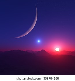 Sunrise On A Planet In A Binary Star System. Fantastic Landscape