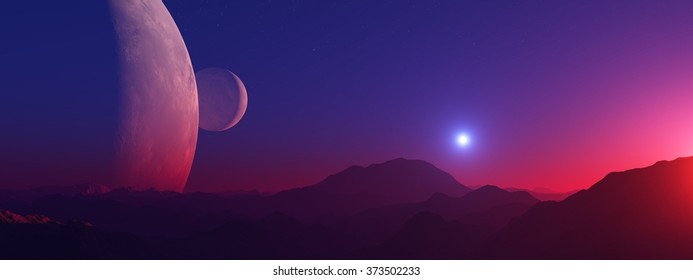 Sunrise On A Planet In A Binary Star System. Fantastic Landscape