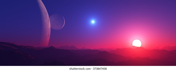 Sunrise On A Planet In A Binary Star System. Fantastic Landscape