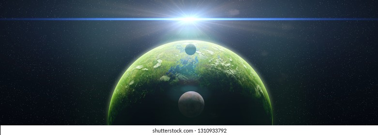 Sunrise Over Alien World, Exoplanet Around A Bright Star, Life On Exotic Planet (3d Space Render Banner)