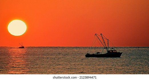 Sunrise Over Chesapeake Bay And Oyster Boats, Illustration 