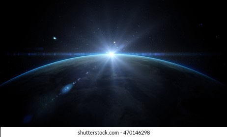 Sunrise Over Earth As Seen From Space. With Stars Background. 3d Rendering.