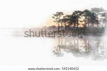 Sunrise  reflected in calm lake waters in watercolor painting  
