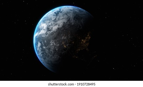 Sunrise And Shadow On The Earth Rotate In Space With Star In Universe. Realistic Atmosphere 3D Volumetric Clouds Texture Surface.