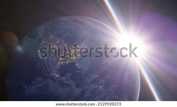 Sunrise and\
shadow on the earth rotate in space with stars in-universe. World\
realistic atmosphere 3D volumetric clouds texture surface. Elements\
of this image are furnished by\
NASA.