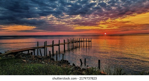 Sunrise Sky Over Chesapeake Bay And Fishing Pier, Illustration 