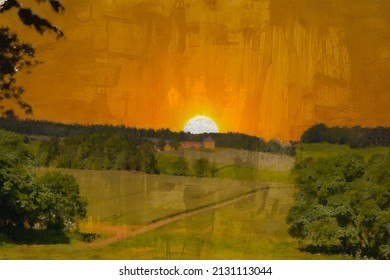 Sunrise view across the great english countryside on a summer morning digital brush oil painting
