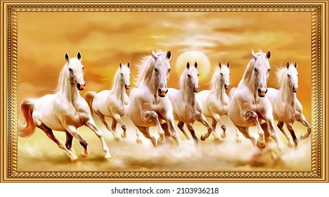 Sunrise wallpaper with white seven horse runing for living room