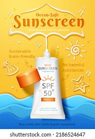 Sunscreen Ad Template. 3D Illustration Of Sunblock Tube Squeezed Out Outlines Of Parasol On Beach In Top View With Papercut Sea Waves At The Bottom
