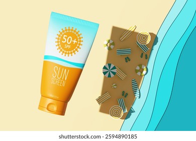 Sunscreen tube floating in the air over miniature beach accessories and casts a shadow. Protection for the skin from solar ultraviolet light. 3D illustration. Realistic sunblock cream package.