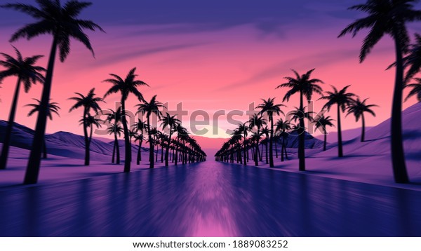 Sunset above tropical ocean coast road. Pink\
colored sun light reflection. Palm tree silhouettes along the\
highway. Mountains on the skyline. Countryside evening trip. Retro\
wave style 3D\
Illustration