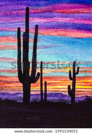 Sunset in the Arizona desert. Cactus silhouettes. Colorful sky after sundown. Vacation in the United States of America. Watercolor painting. Acrylic drawing art. A piece of art. 