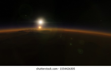 Sunset Of The Binary Star System On An Alien Planet 3D Rendering