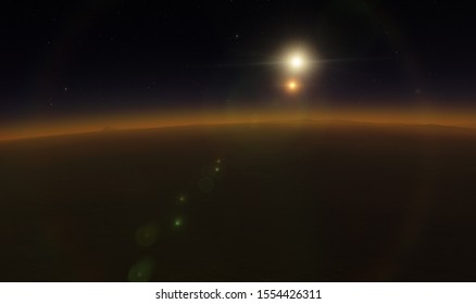 Sunset Of The Binary Star System On An Alien Planet 3D Rendering