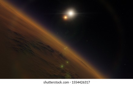 Sunset Of The Binary Star System On An Alien Planet 3D Rendering